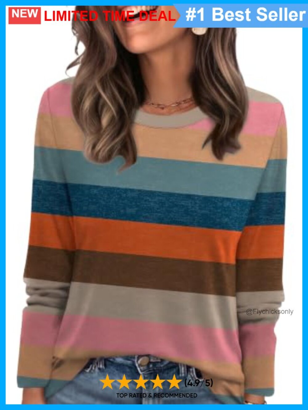 Ribbed Crewneck Striped Long Sleeve Tee Color Block Women's Top